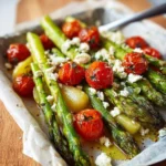 Ofenkartoffeln mit grünem Spargel, Tomaten und Feta
