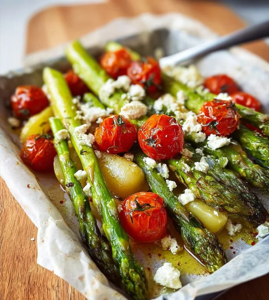 Ofenkartoffeln mit grünem Spargel, Tomaten und Feta