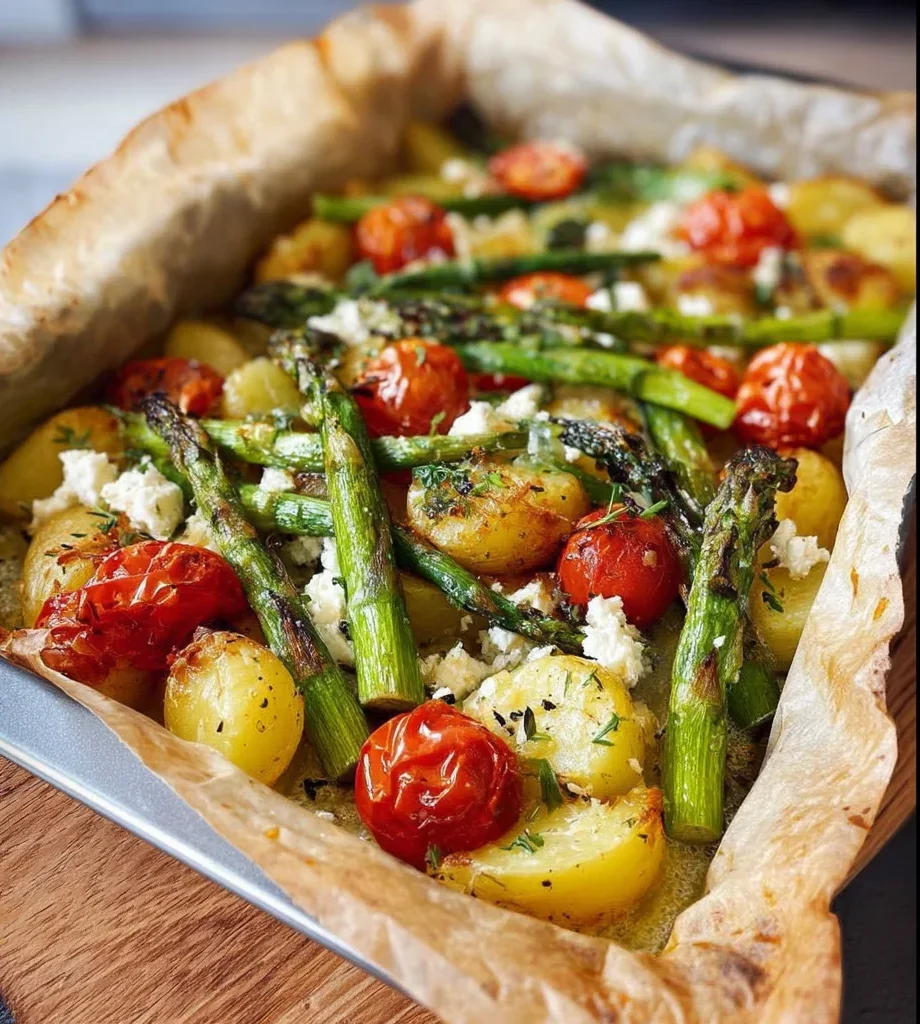 Ofenkartoffeln mit grünem Spargel, Tomaten und Feta