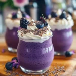 Blaubeer-Chia-Pudding in einer Schüssel, dekoriert mit frischen Blaubeeren.