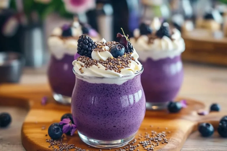 Blaubeer-Chia-Pudding in einer Schüssel, dekoriert mit frischen Blaubeeren.