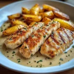 Hähnchenfilet in cremiger Knoblauchsauce serviert