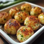 Knusprige Zucchini-Feta-Bällchen aus dem Ofen auf einem Teller serviert.