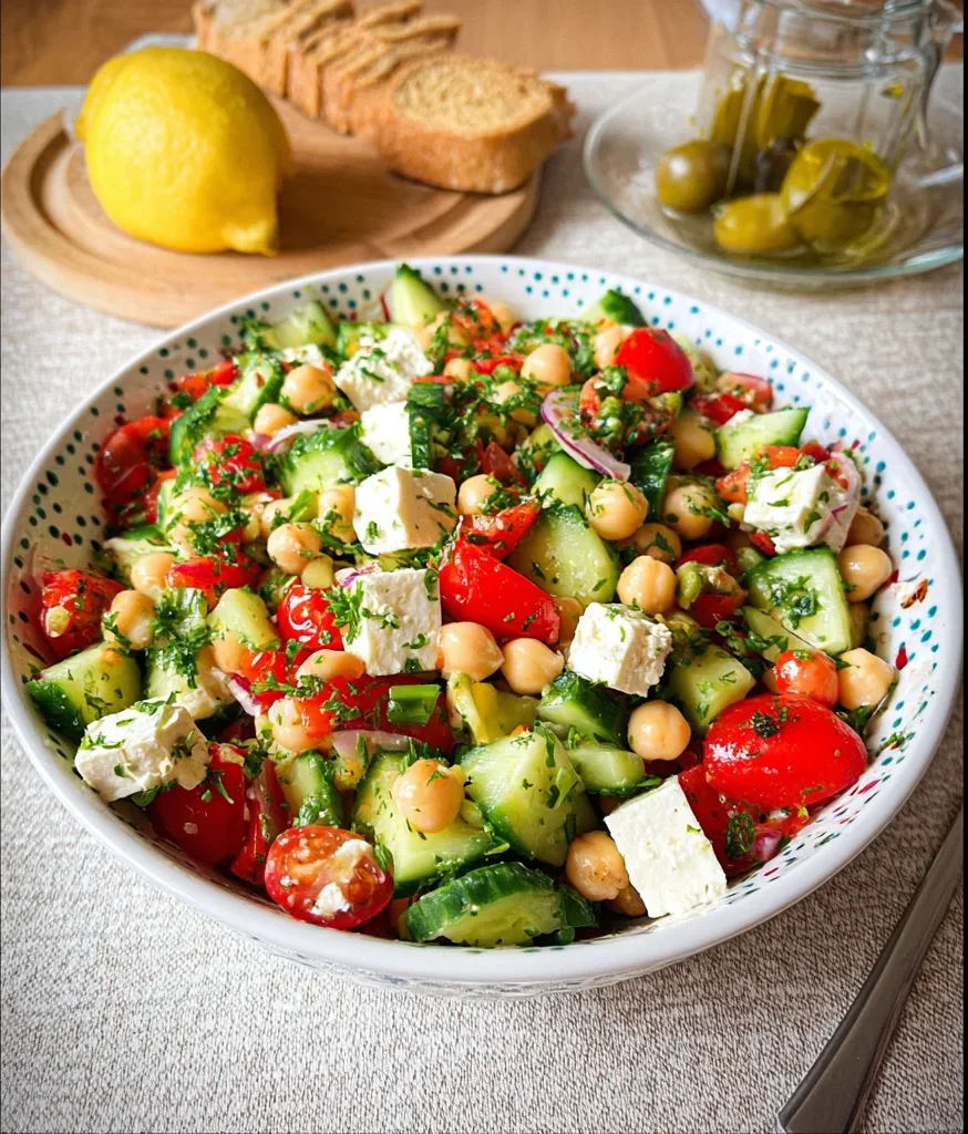 Schneller und erfrischender Kichererbsensalat mit Feta Schneller und erfrischender Kichererbsensalat mit Feta