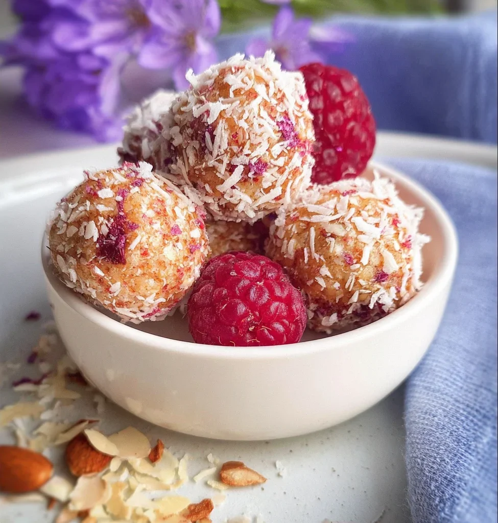 Gesunde Energie-Bällchen mit Datteln und Himbeeren auf einem Teller