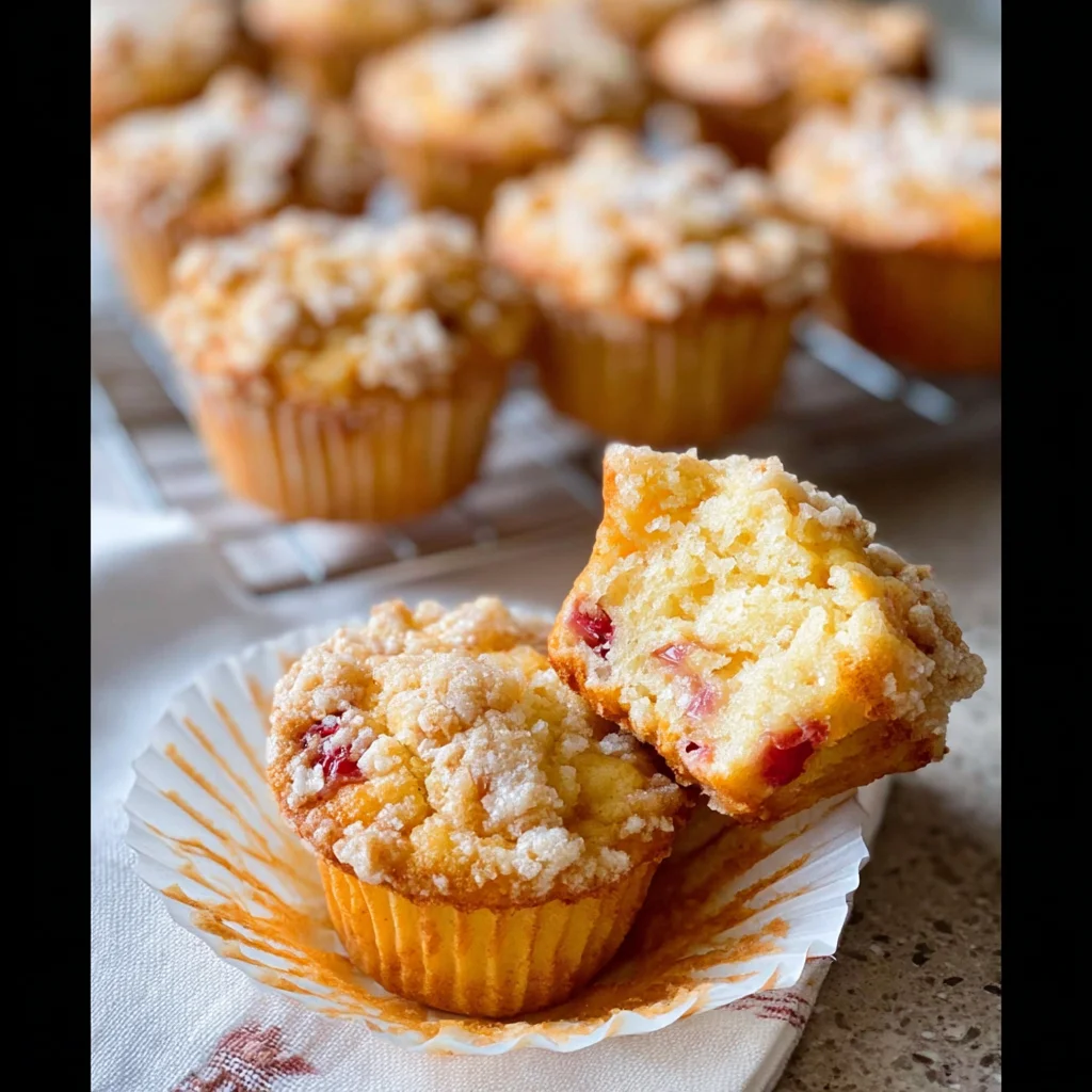 Leckere Rhabarber-Streusel-Muffins frisch aus dem Ofen