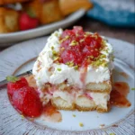 Rhabarber Tiramisu auf einem Teller, dekoriert mit frischem Rhabarber und Sahne