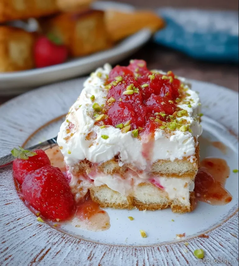 Rhabarber Tiramisu auf einem Teller, dekoriert mit frischem Rhabarber und Sahne