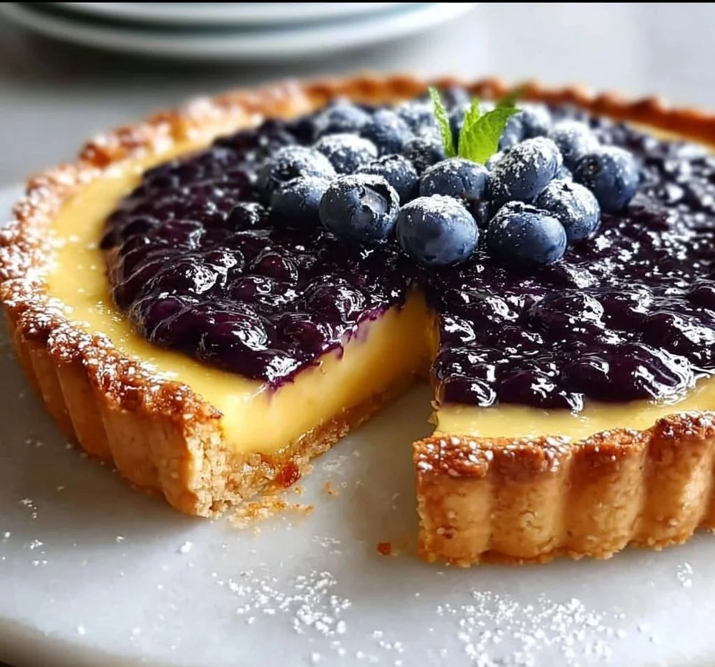Blaubeer-Zitronen-Curd-Tarte mit frischen Blaubeeren und Zitronenfüllung