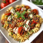 Caprese-Pasta-Salat mit Balsamico-Glasur auf einem Teller