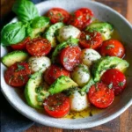 Caprese-Salat mit Avocado und Tomaten auf einem Teller angerichtet