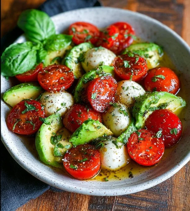 Caprese-Salat mit Avocado und Tomaten auf einem Teller angerichtet