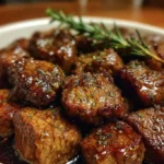 Crockpot Steakstücke zubereitet im Slow Cooker mit frischen Kräutern.