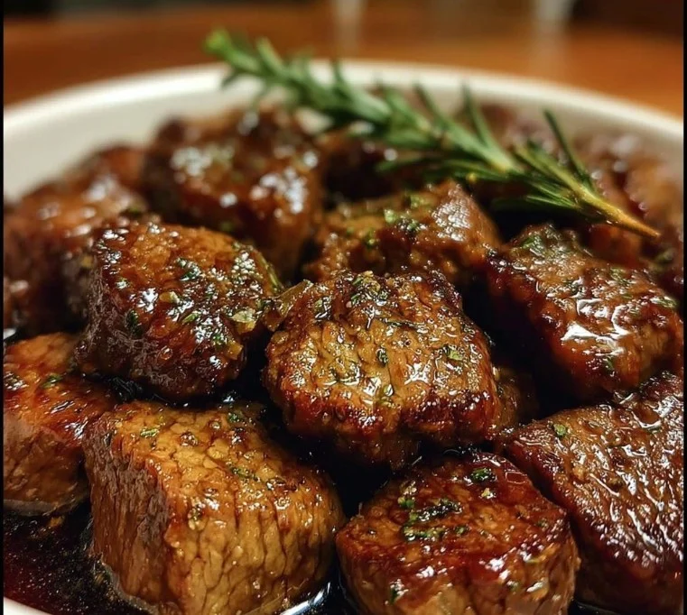Crockpot Steakstücke zubereitet im Slow Cooker mit frischen Kräutern.
