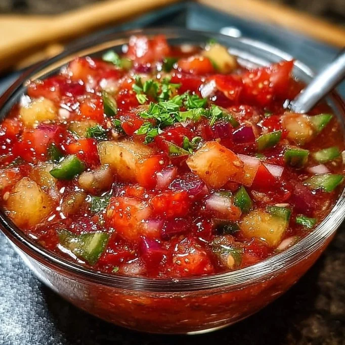Erdbeer-Rhabarber-Salsa in einer Schüssel, dekoriert mit frischen Erdbeeren und Rhabarber.
