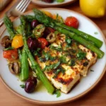 Feta aus dem Ofen mit grünem Spargel und Oliven auf einem Teller