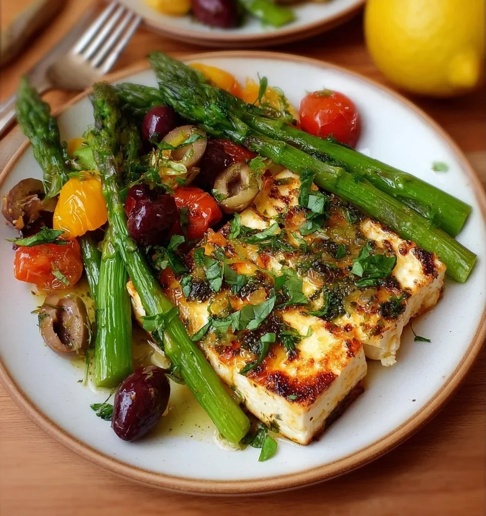 Feta aus dem Ofen mit grünem Spargel und Oliven auf einem Teller