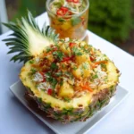 Fruchtiger Reissalat serviert in einer Ananas