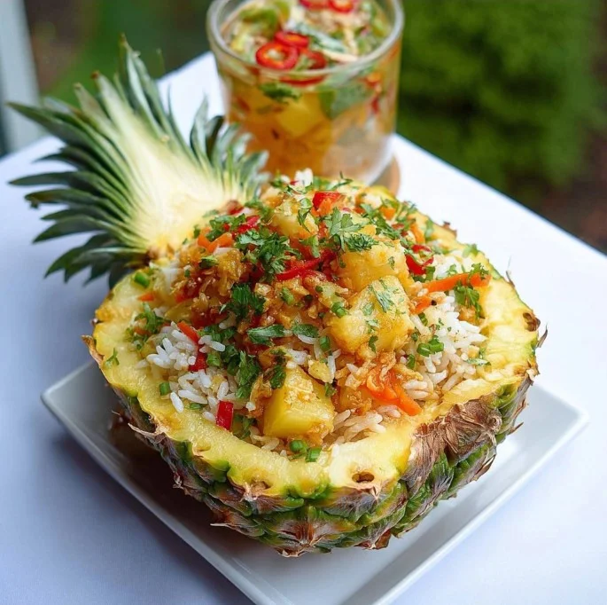 Fruchtiger Reissalat serviert in einer Ananas