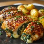 Köstliche gefüllte Hähnchenbrust auf einem Teller garniert.