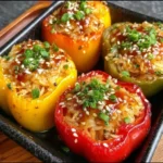 Gefüllte Paprika mit Hühnchen und Ananas auf einem Teller