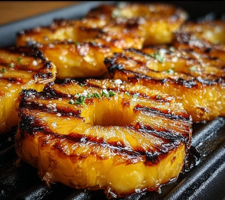 Gegrillte Ananas auf dem Grill mit karamellisierter Oberfläche