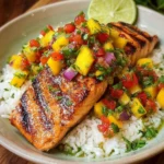 Gegrillter Lachs mit Mango-Salsa und Kokosreis auf einem Teller angerichtet.