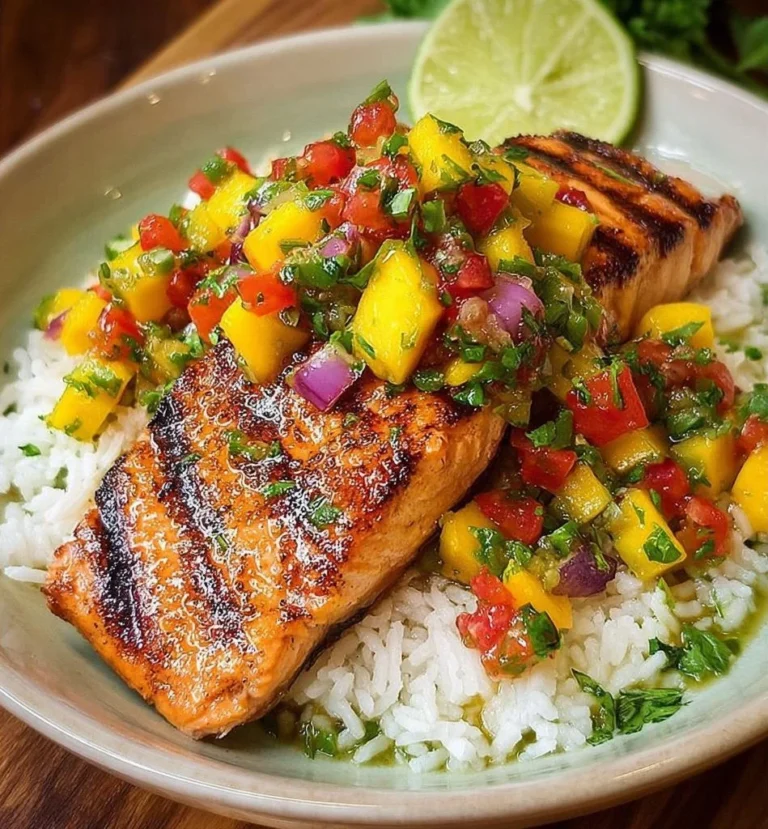 Gegrillter Lachs mit Mango-Salsa und Kokosreis auf einem Teller angerichtet.