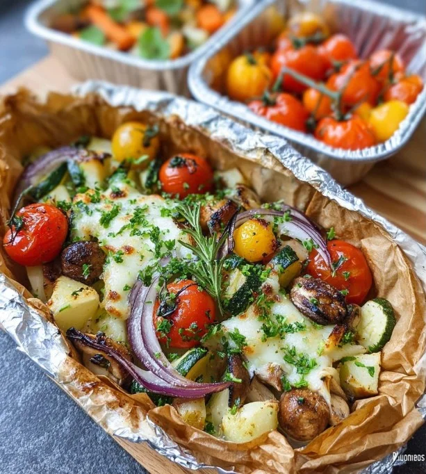 Gemüse-Päckchen mit Mozzarella auf dem Grill zubereitet