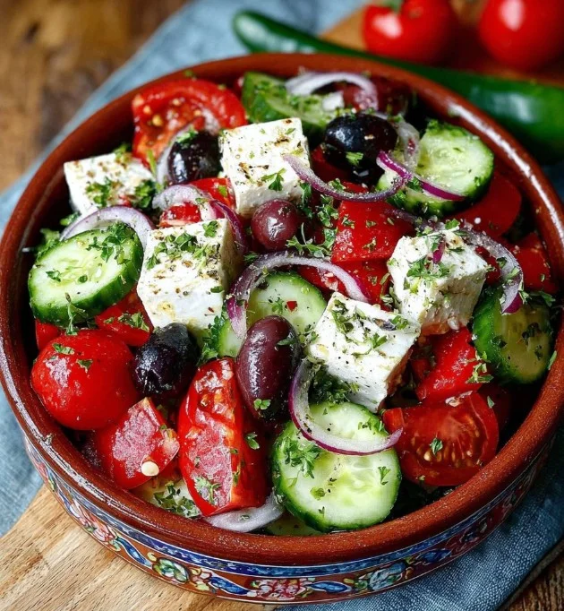Griechischer Bauernsalat mit frischem Gemüse und Olivenöl