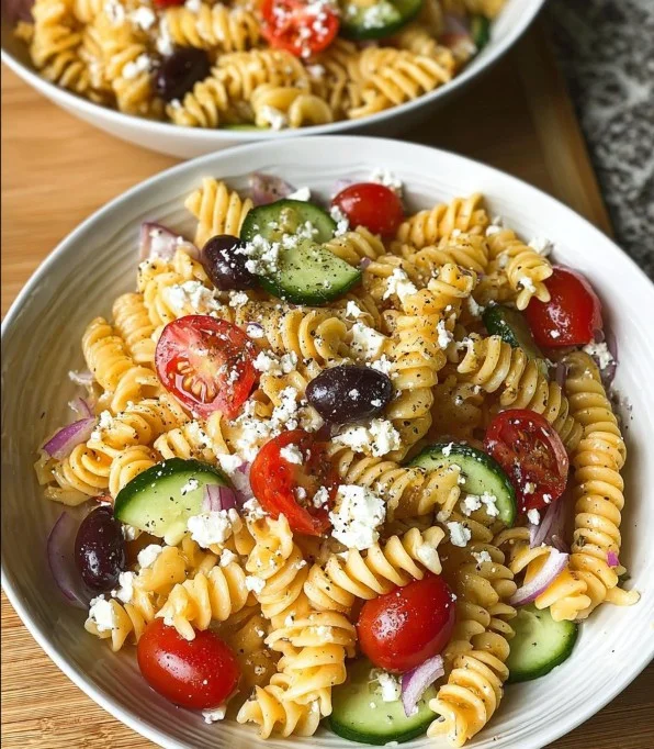 Griechischer Nudelsalat mit Feta, frischen Zutaten und aromatischen Kräutern.