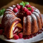 Gugelhupf mit Himbeeren und Schokoladendekoration auf einer Tortenplatte