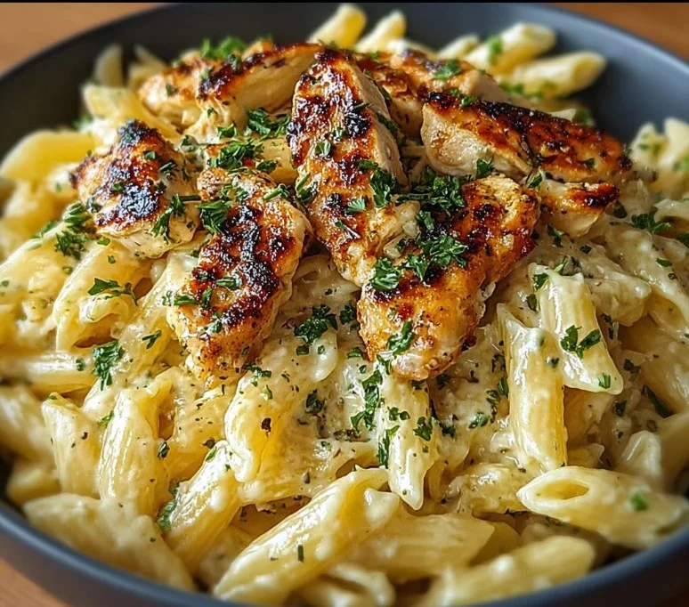 Hähnchen Pasta mit cremiger Sahnesauce auf einem Teller serviert.