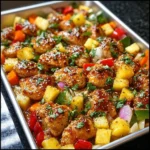 Hawaiianisches Hühnchen aus dem Blechbackofen auf einem Teller serviert