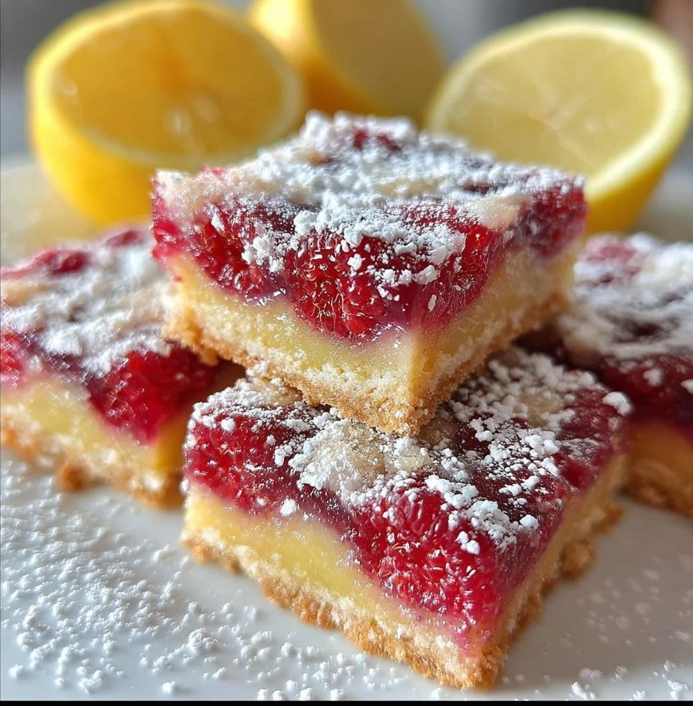 Himbeer-Zitronenriegel auf einem Teller, leckerer Snack aus Himbeeren und Zitronen.
