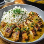 Honig-Senf-Hühnchen serviert mit duftendem Reis auf einem Teller