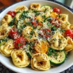 Käse Tortellini mit frischem Gemüse auf einem Teller angerichtet.