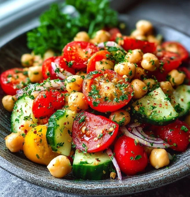 Kichererbsensalat mit frischem Gemüse und einer Zitronen-Vinaigrette