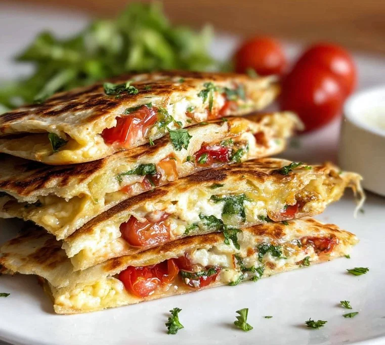 Mediterrane Quesadillas mit frischen Zutaten auf einem Teller