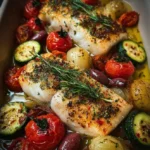 Mediterrane gebackene Fischfilets mit Gemüse auf einem Teller