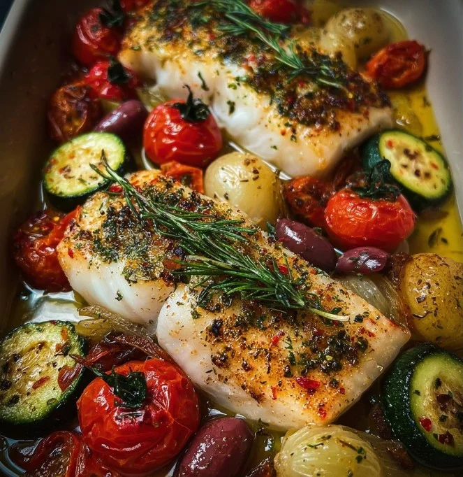 Mediterrane gebackene Fischfilets mit Gemüse auf einem Teller