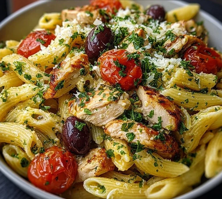 Gesunder Mediterraner Hühner-Nudelsalat mit frischem Gemüse und Dressing