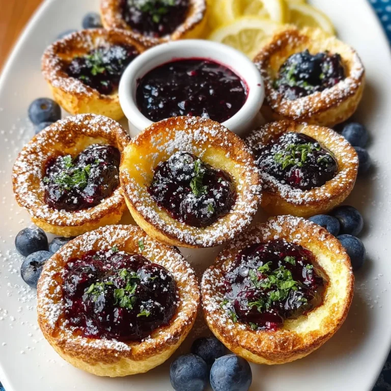 Mini Niederländische Baby-Pfannkuchen mit Blaubeer-Zitronen-Kompott auf einem Teller