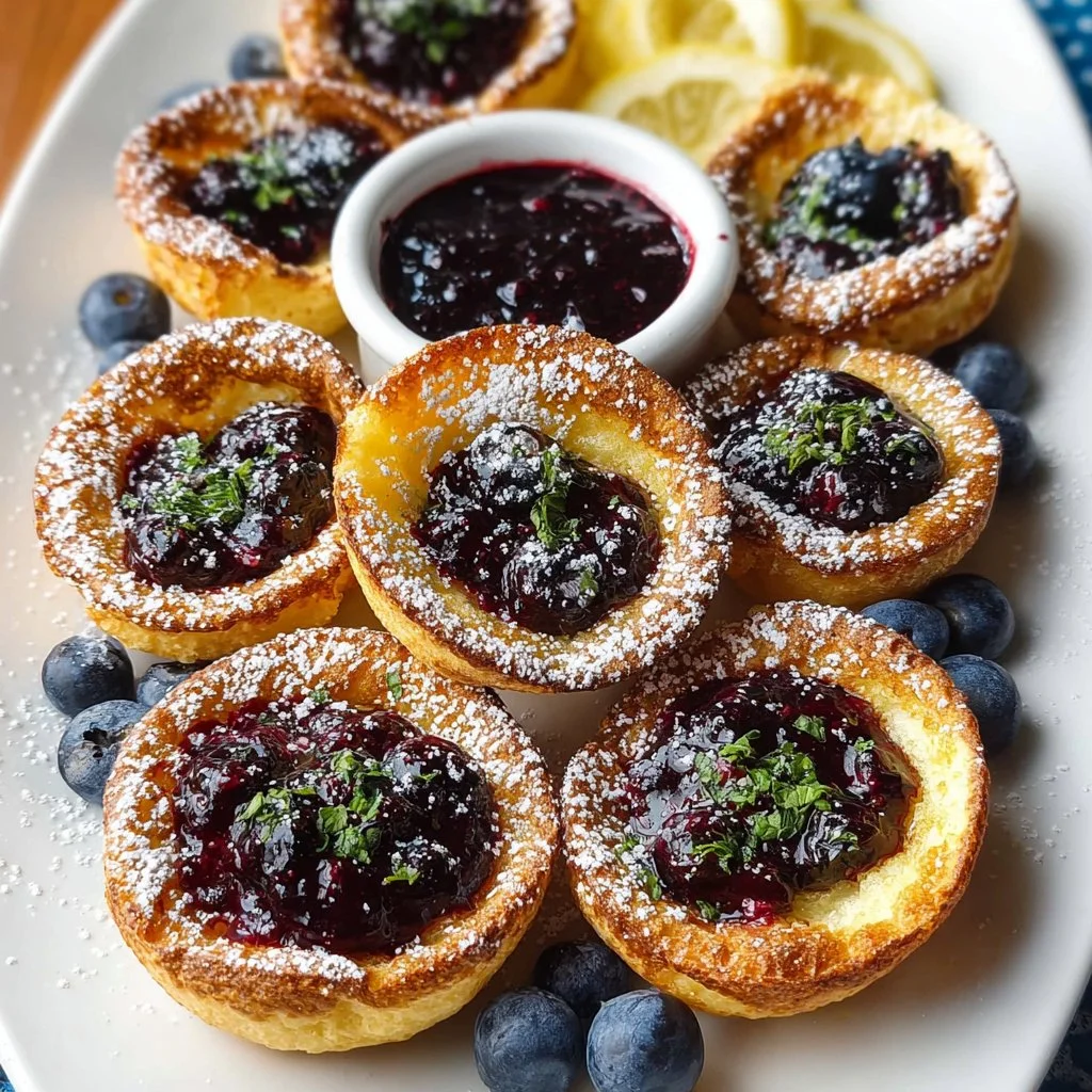 Mini Niederländische Baby-Pfannkuchen mit Blaubeer-Zitronen-Kompott auf einem Teller
