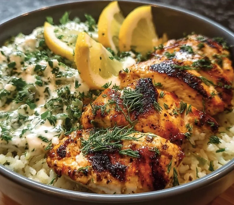Mittelmeer-Hühnchen-Schüssel mit frischen Zutaten