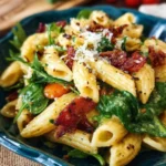 Nudelsalat mit Honig-Senf-Dressing auf einem Tablett serviert