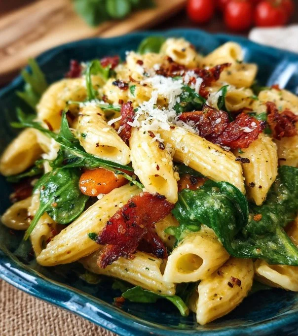 Nudelsalat mit Honig-Senf-Dressing auf einem Tablett serviert