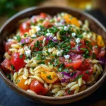 Orzo-Salat mit Feta und frischem Gemüse in einer schönen Schüssel angerichtet