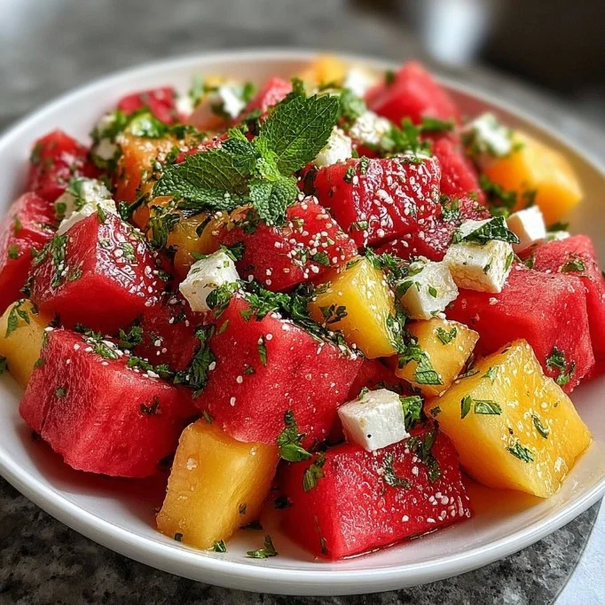 Frischer Pfirsich-Wassermelonen-Salat in einer Schüssel