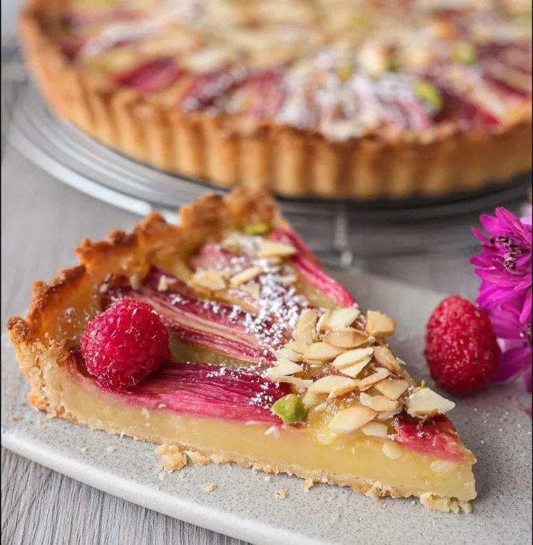 Leckere Rhabarber-Grieß-Tarte auf einem Teller serviert.